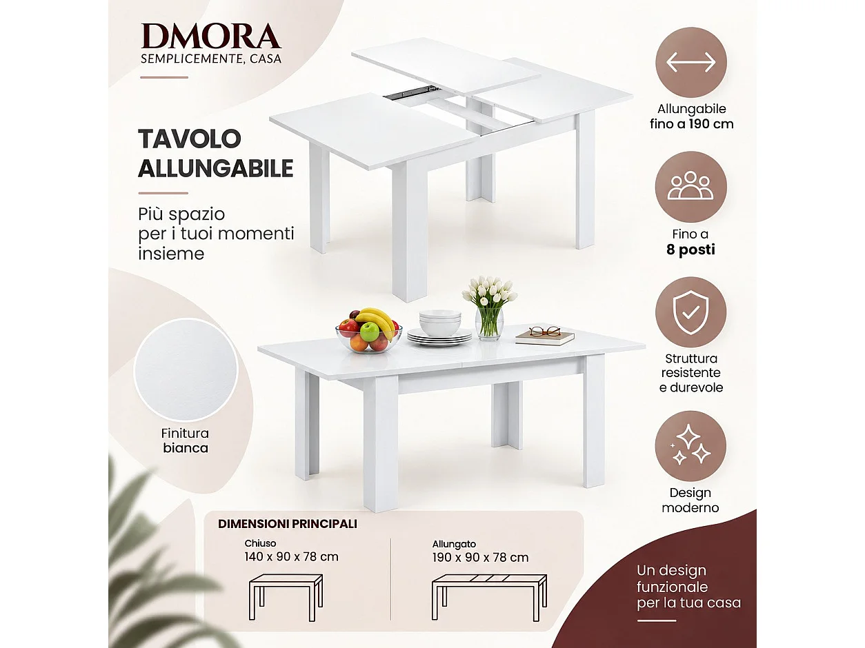 Table extensible Dalice, Console extensible pour salle à manger, Table de cuisine ouvrant avec rallonge, 140/190x90h78 cm, Blanc