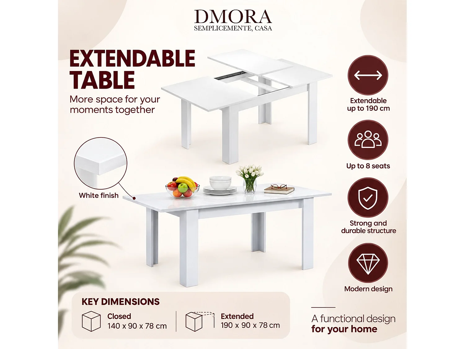 Table extensible Dalice, Console extensible pour salle à manger, Table de cuisine ouvrant avec rallonge, 140/190x90h78 cm, Blanc