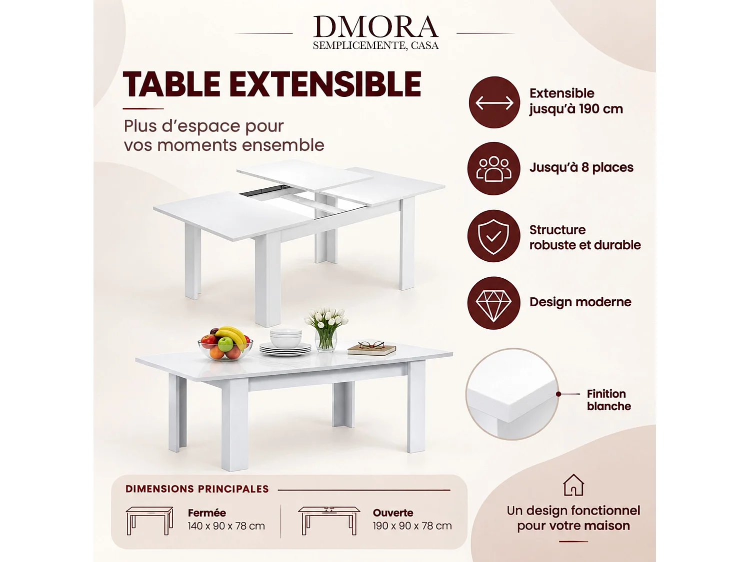 Table extensible Dalice, Console extensible pour salle à manger, Table de cuisine ouvrant avec rallonge, 140/190x90h78 cm, Blanc