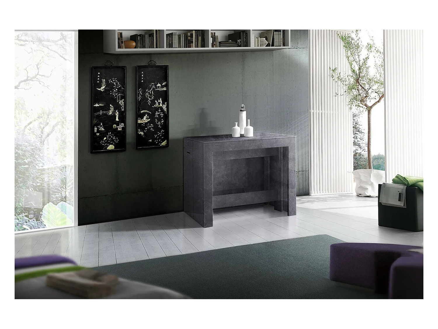 Dguigo uitschuifbare console, Uitschuifbare console tot 12 zitplaatsen, Tafel met verlenghouders, 100% Made in Italy, 51/300x90h77 cm, Leisteen