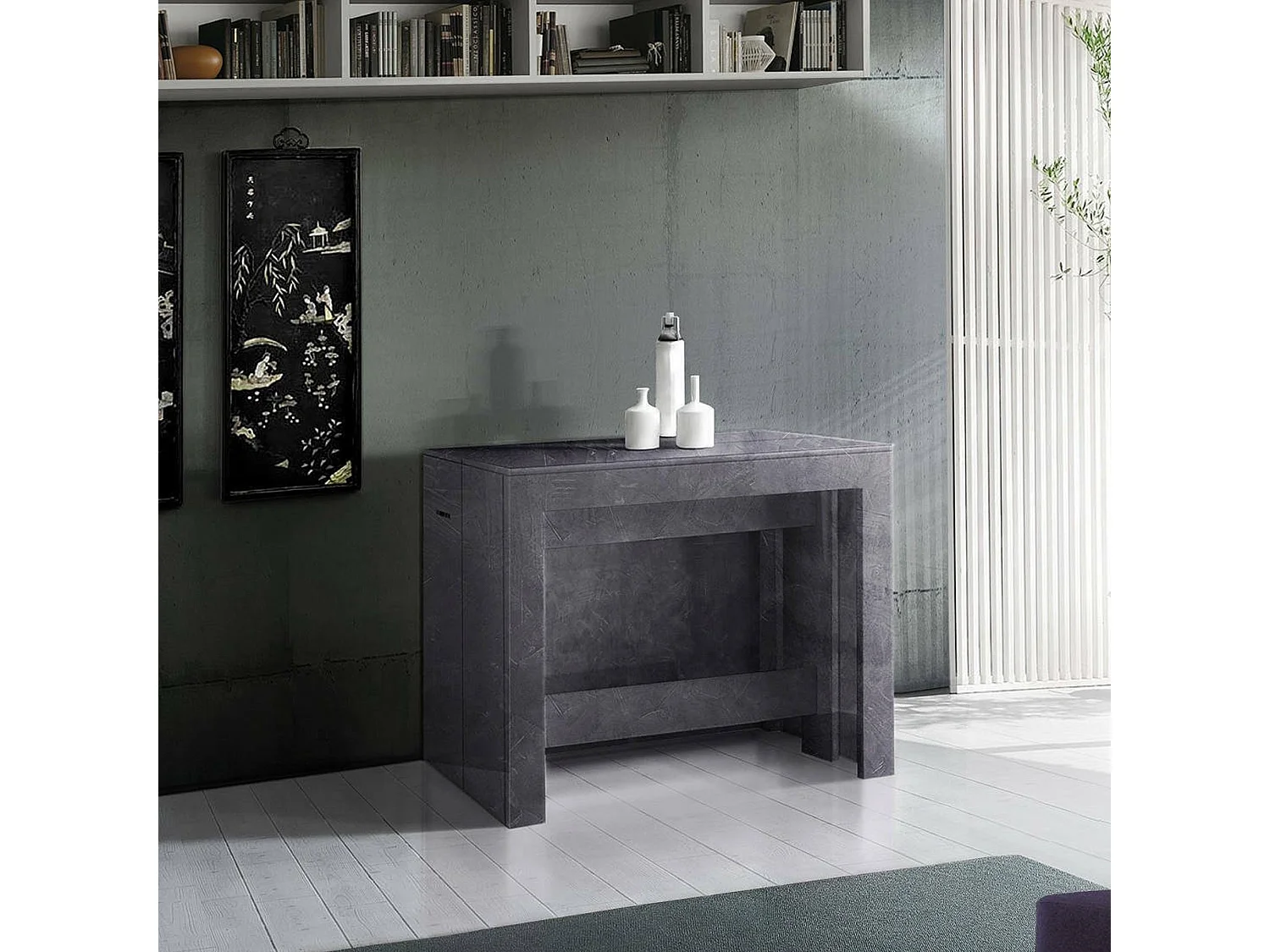Console extensible Dguigo, Console extensible jusqu'à 12 places, Table avec supports d'extension, 100% Made in Italy, 51/300x90h77 cm, Ardoise