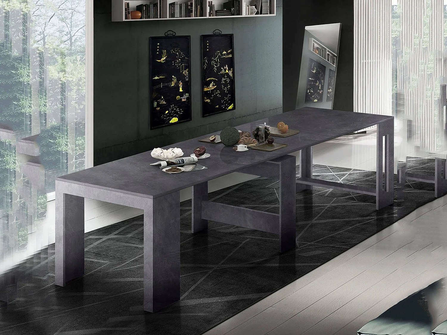 Console extensible Dguigo, Console extensible jusqu'à 12 places, Table avec supports d'extension, 100% Made in Italy, 51/300x90h77 cm, Ardoise