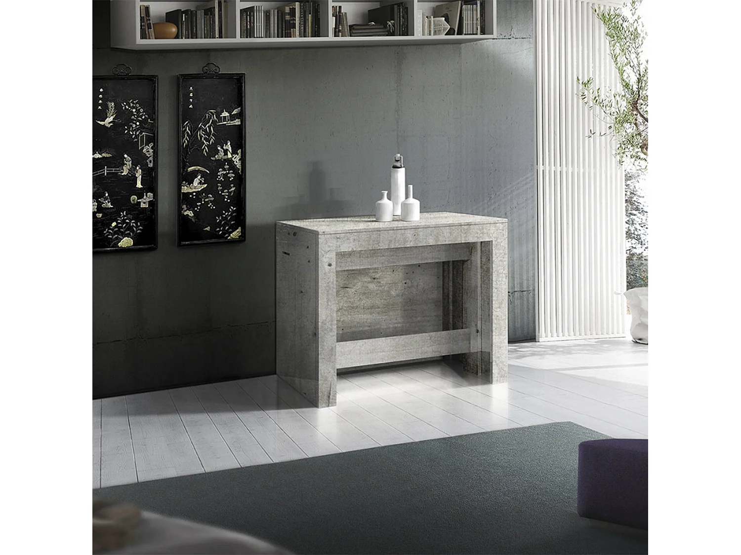 Consola extensível Dguigo, Consola extensível até 12 lugares, Mesa com suportes de extensão, 100% Fabricado em Itália, 51/300x90h77 cm, Cimento