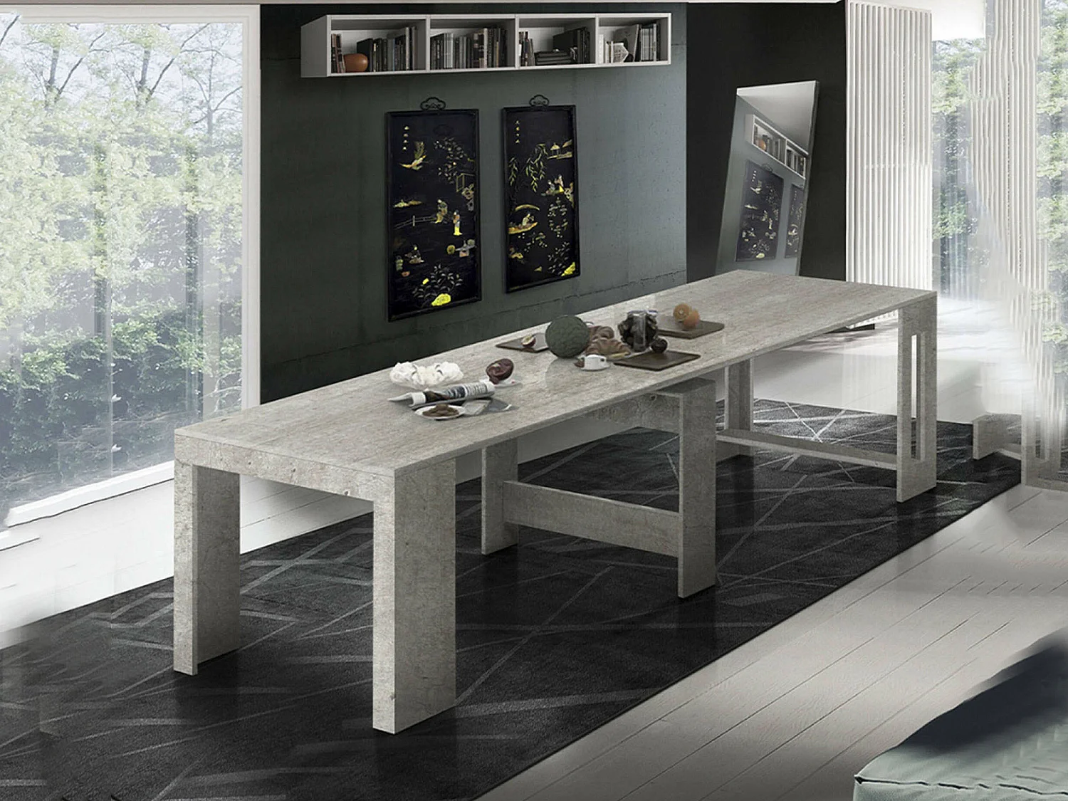 Console extensible Dguigo, Console extensible jusqu'à 12 places, Table avec supports d'extension, 100% Made in Italy, 51/300x90h77 cm, Ciment