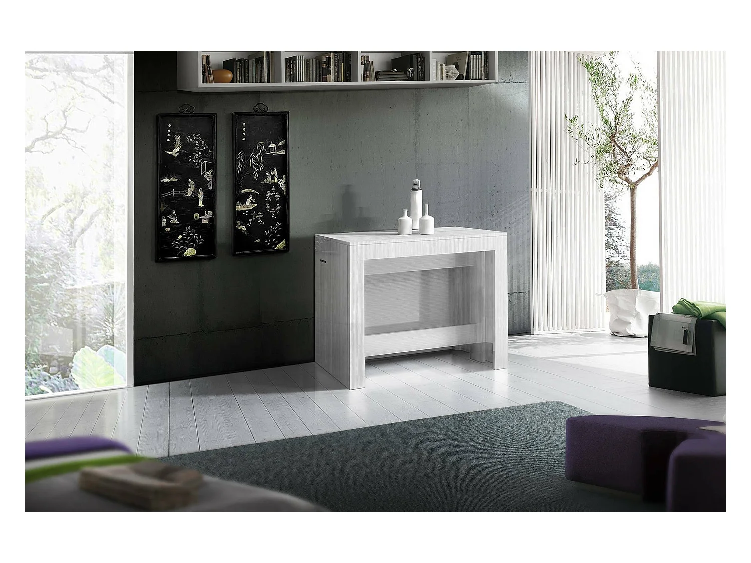 Dguigo uitschuifbare console, Uitschuifbare console tot 12 zitplaatsen, Tafel met verlenghouders, 100% Made in Italy, 51/300x90h77 cm, Glanzend wit lariks