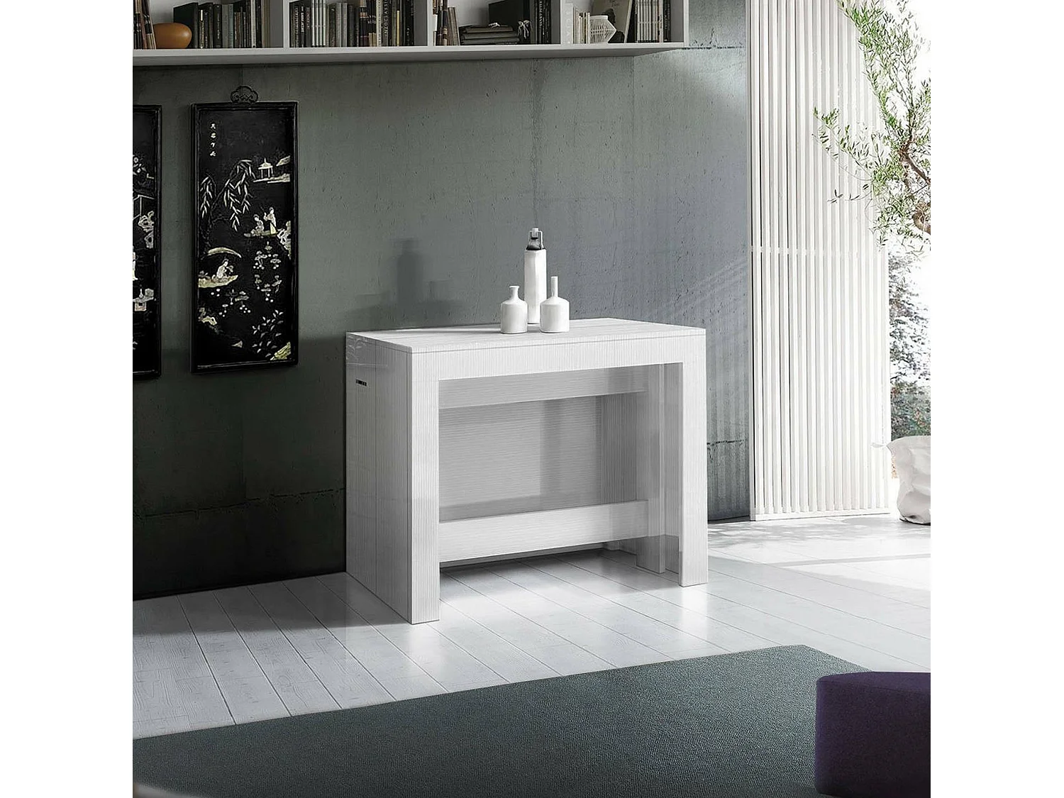 Console extensible Dguigo, Console extensible jusqu'à 12 places, Table avec supports d'extension, 100% Made in Italy, 51/300x90h77 cm, Mélèze blanc brillant