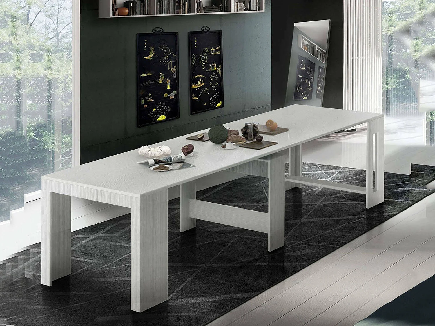 Console extensible Dguigo, Console extensible jusqu'à 12 places, Table avec supports d'extension, 100% Made in Italy, 51/300x90h77 cm, Mélèze blanc brillant