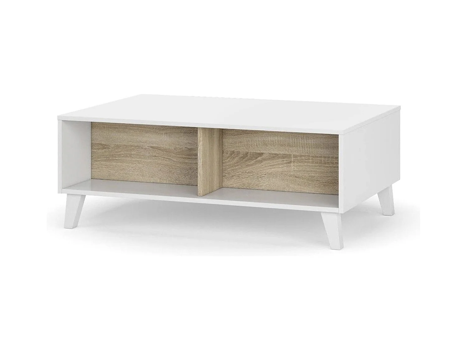 Table basse Dgattus, Table basse avec plateau élévateur, Table basse de salon, 100x68h38 cm, Blanc brillant et chêne