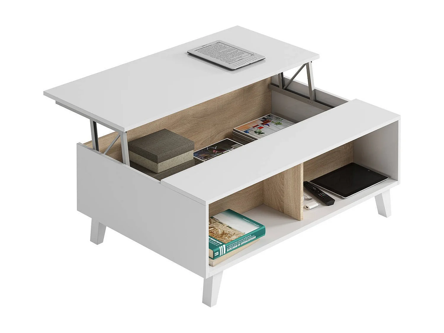 Dgattus salontafel, Salontafel met verhoogd blad, Lage woonkamertafel, 100x68h38 cm, Glanzend wit en eikenhout