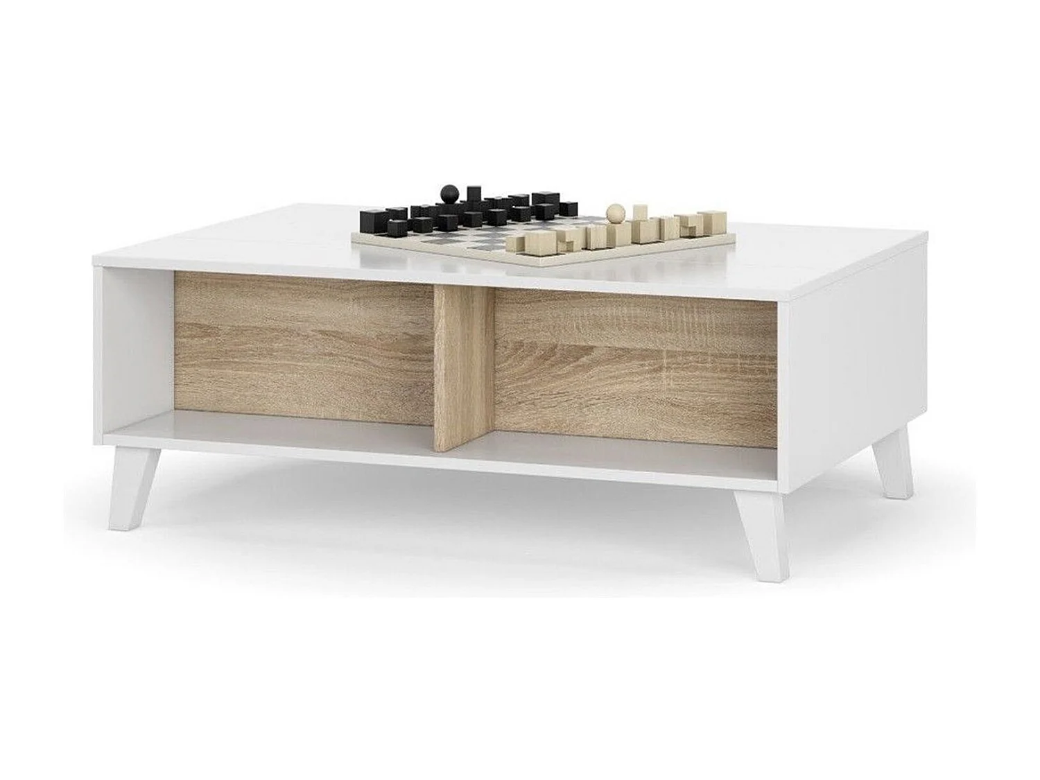 Dmora - Tavolino da salotto Parche, 100x68h38 cm, Bianco lucido e Rovere