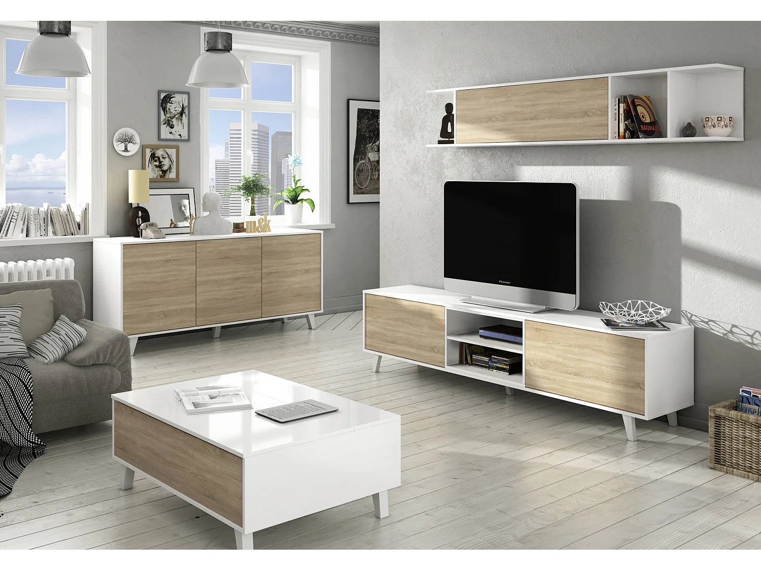 Dmora - Tavolino da salotto Parche, 100x68h38 cm, Bianco lucido e Rovere