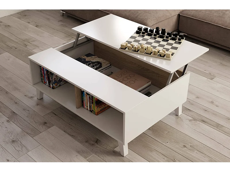 Dmora - Tavolino da salotto Parche, 100x68h38 cm, Bianco lucido e Rovere