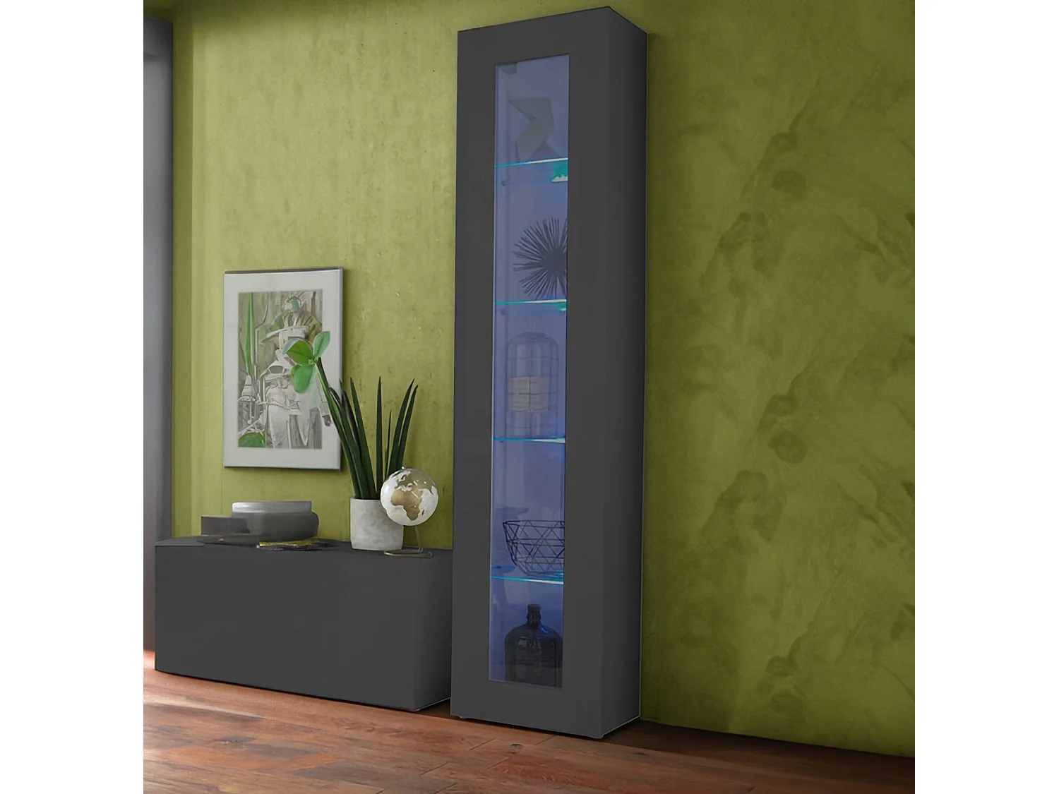 Vitrine Vladimiro, Sideboard mit 1 Tür mit Glasregalen, Mehrzweck-Wohnmöbel, 100% Made in Italy, cm 40x30h180, Anthrazit