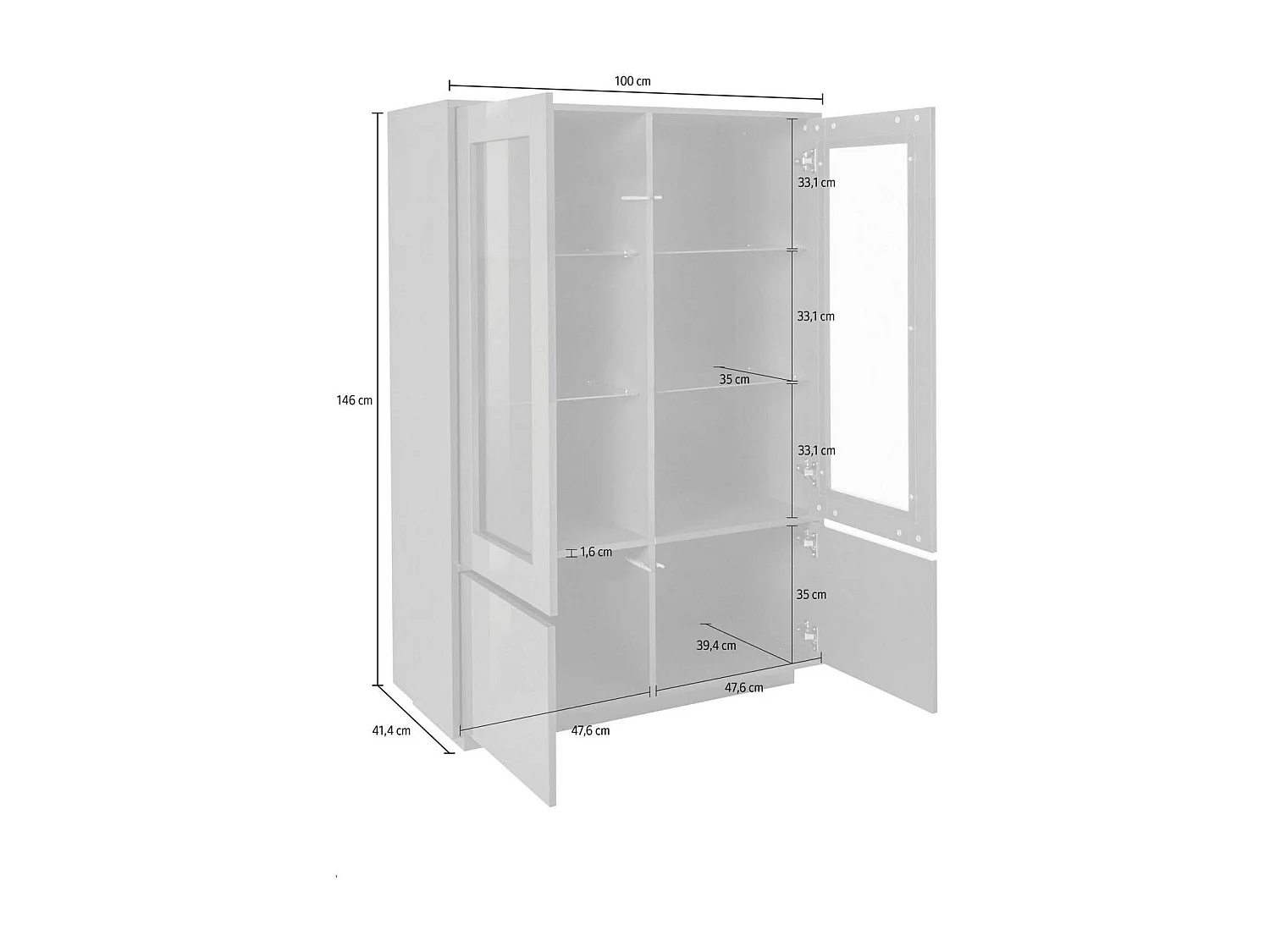 Vitrine Bettino, buffet 4 portes avec étagères en verre, Meuble de salon polyvalent, 100% Made in Italy, 100x41h146 cm, Anthracite Brillant