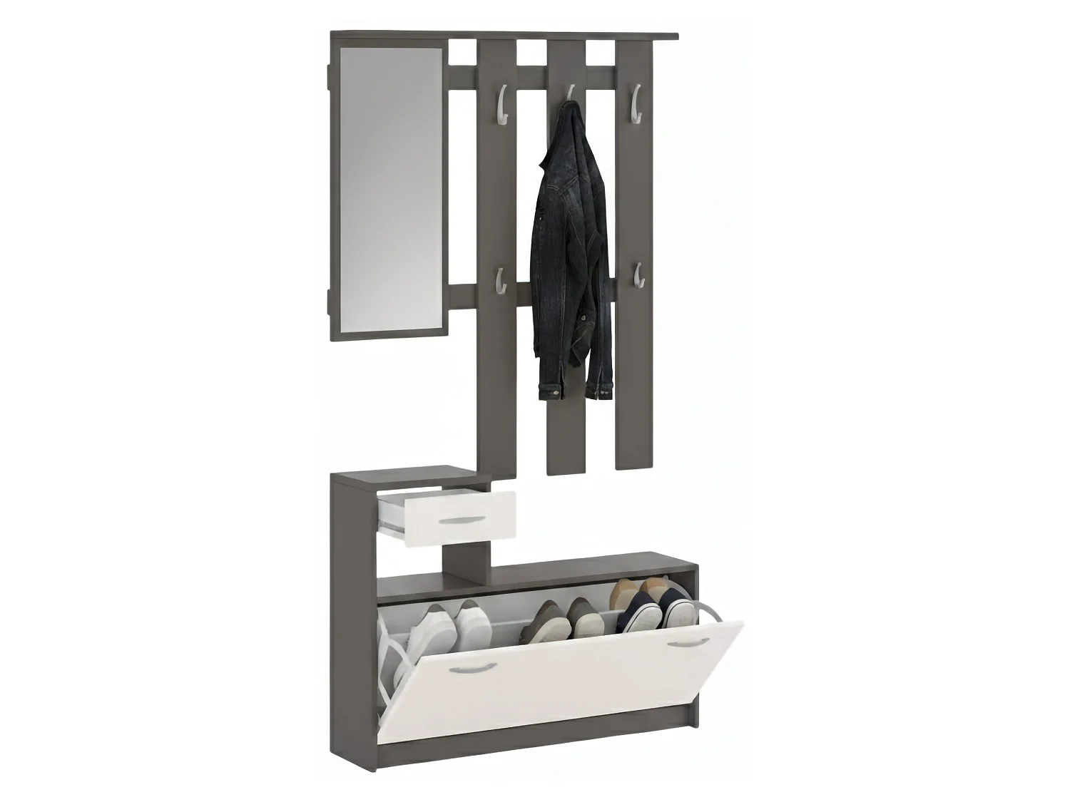 Meuble d'entrée Clint, Entrée moderne, Armoire avec étagère à chaussures, Armoire polyvalente avec miroir et cintre, 100x25h180 cm, Anthracite et Blanc