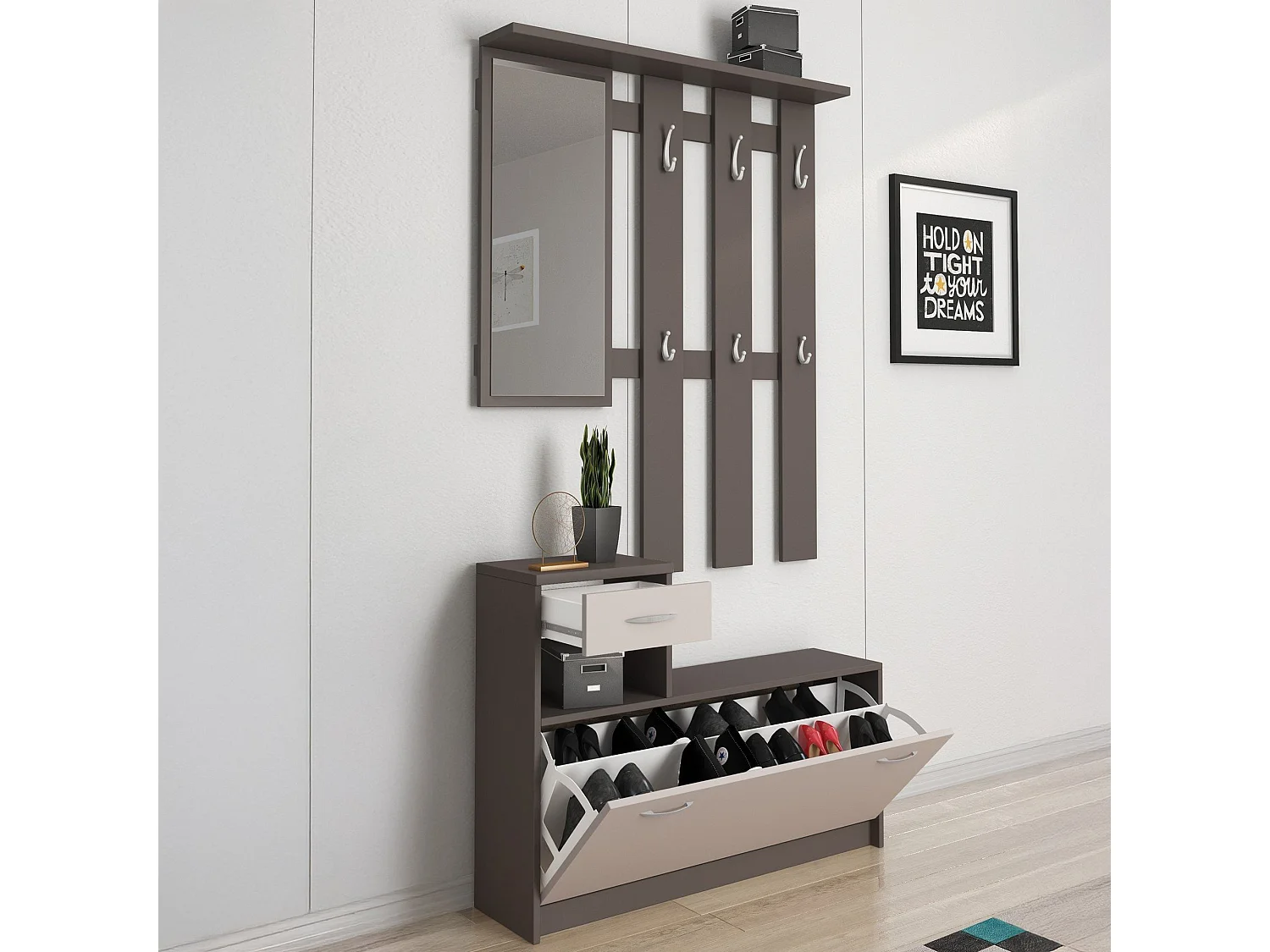 Meuble d'entrée Clint, Entrée moderne, Armoire avec étagère à chaussures, Armoire polyvalente avec miroir et cintre, 100x25h180 cm, Anthracite et Blanc