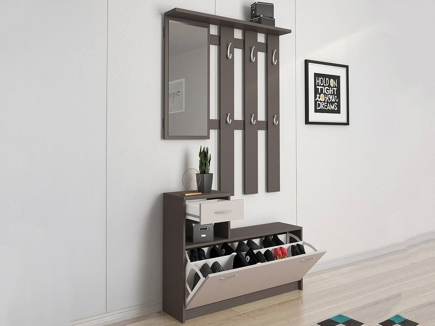 Meuble d'entrée Clint, Entrée moderne, Armoire avec étagère à chaussures, Armoire polyvalente avec miroir et cintre, 100x25h180 cm, Anthracite et Blanc