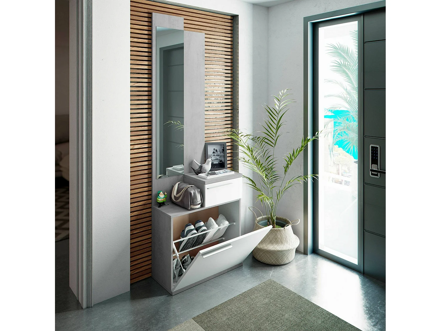 Flurmöbel Waltham, Multifunktions-Schuhregal mit Spiegel, Kleiderschrank mit 1 Tür und 1 Schublade, 61x28h185 cm, Zement und glänzendes WeiÃŸ