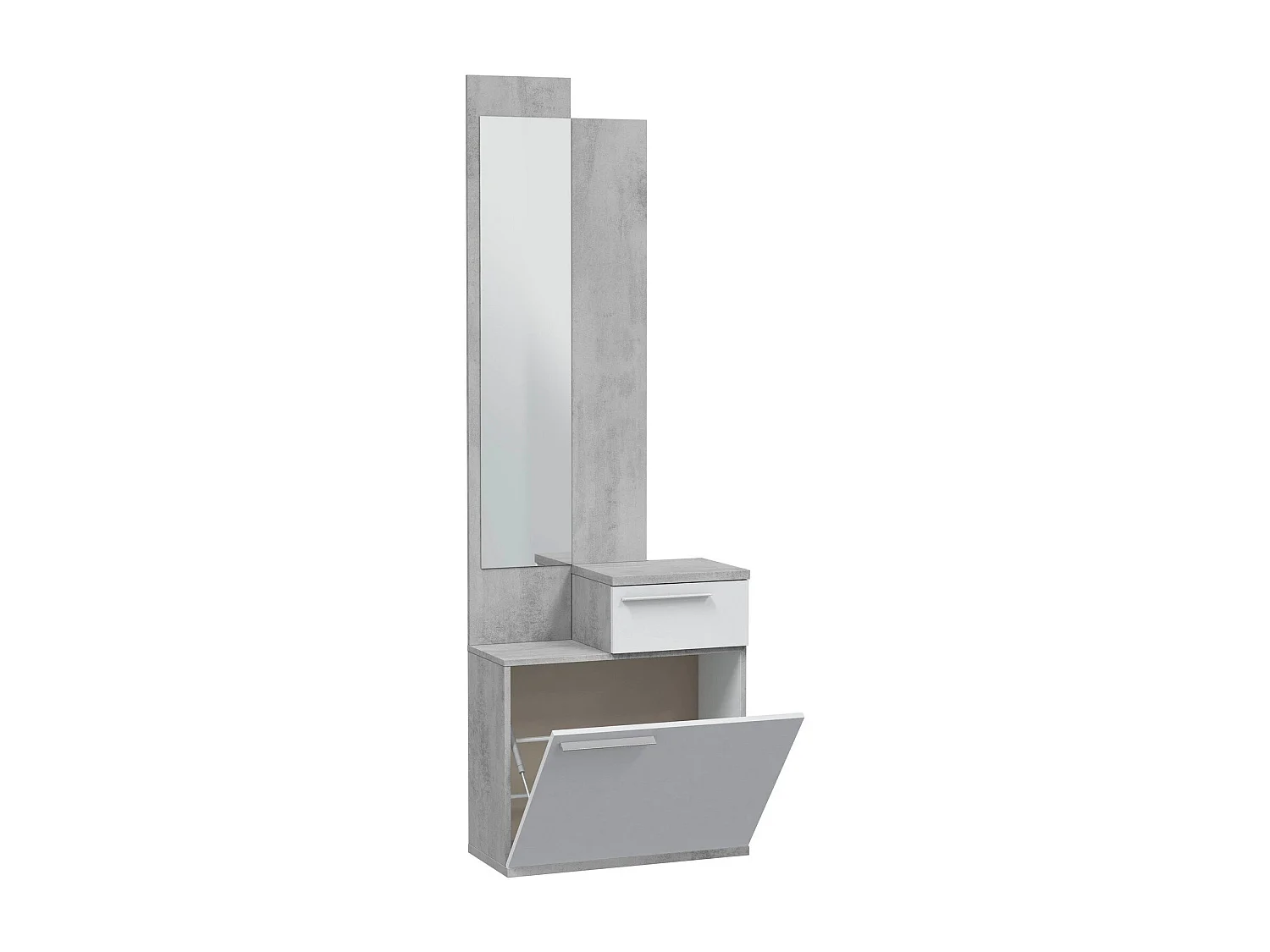 Meuble d'entrée Waltham, Étagère à chaussures multifonctionnelle avec miroir, armoire 1 porte et 1 tiroir, 61x28h185 cm, Ciment et Blanc Brillant