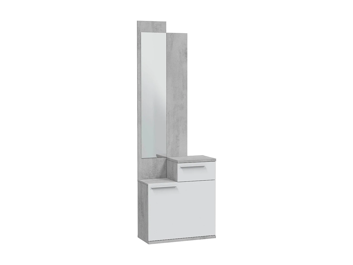 Meuble d'entrée Waltham, Étagère à chaussures multifonctionnelle avec miroir, armoire 1 porte et 1 tiroir, 61x28h185 cm, Ciment et Blanc Brillant