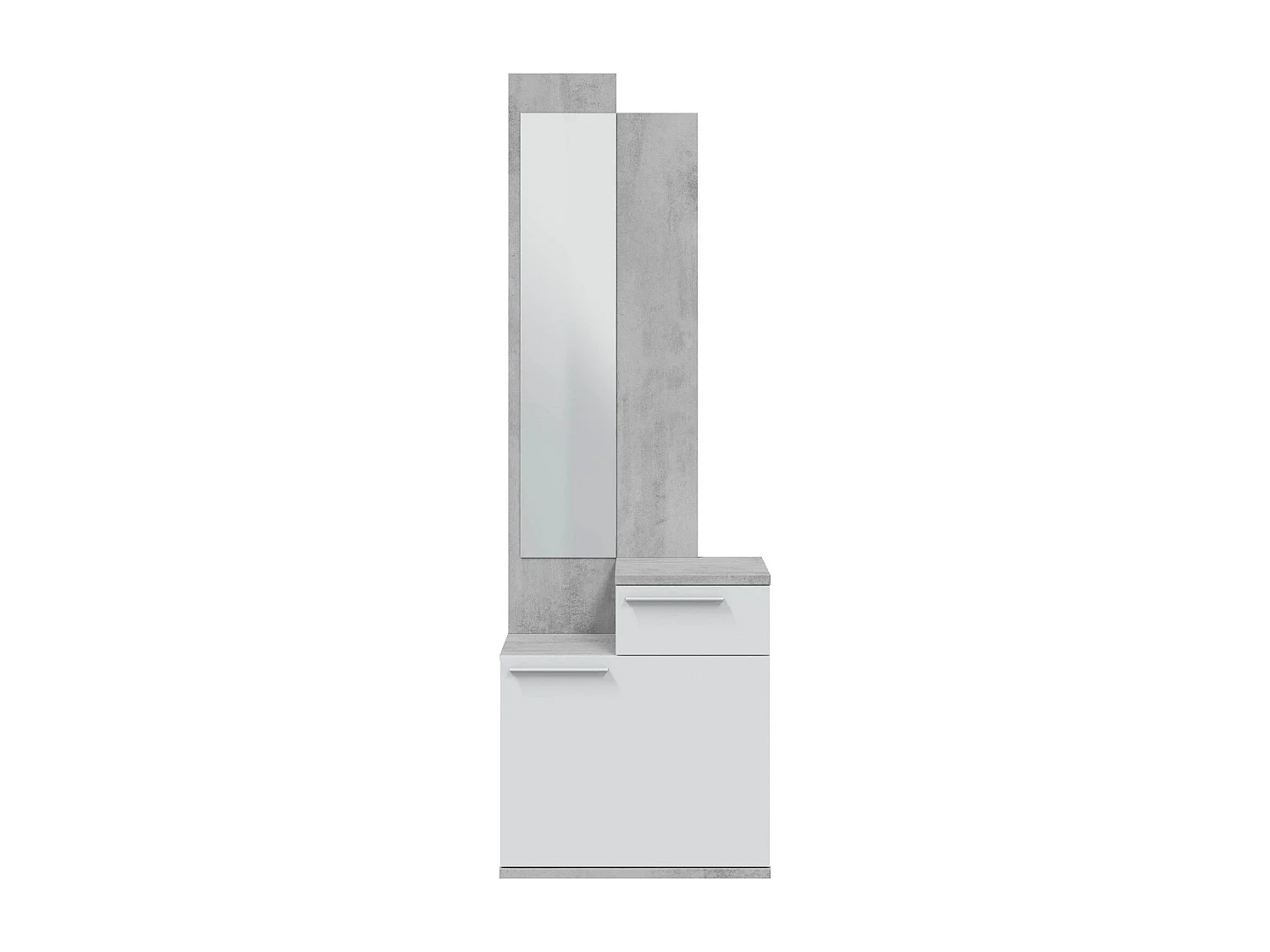 Meuble d'entrée Waltham, Étagère à chaussures multifonctionnelle avec miroir, armoire 1 porte et 1 tiroir, 61x28h185 cm, Ciment et Blanc Brillant