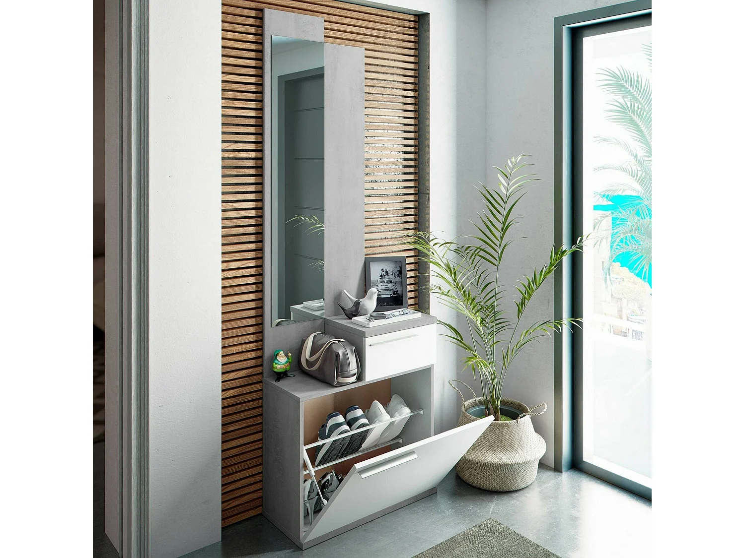 Móvel de entrada Waltham, Sapateira multifuncional com espelho, roupeiro 1 porta e 1 gaveta, 61x28h185 cm, Cimento e Branco Brilhante