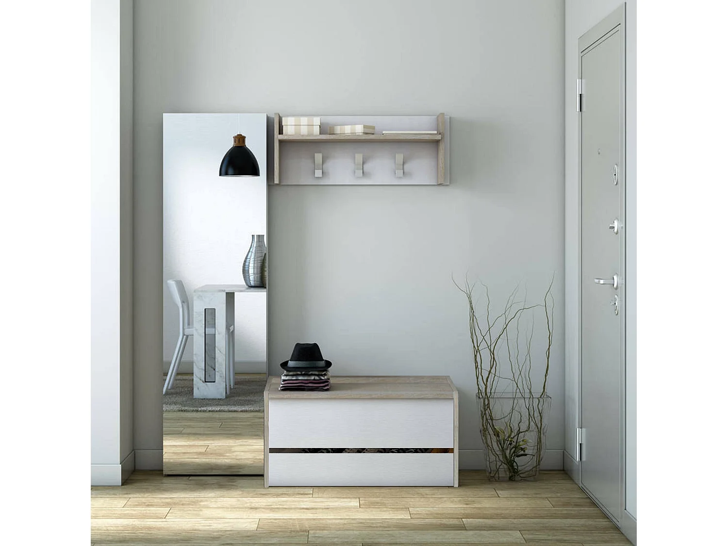 Meuble d'entrée Dap, Entrée moderne avec portemanteau, Meuble avec étagère à chaussures, Meuble multifonctionnel, 50x32h182 cm, Chêne et Blanc