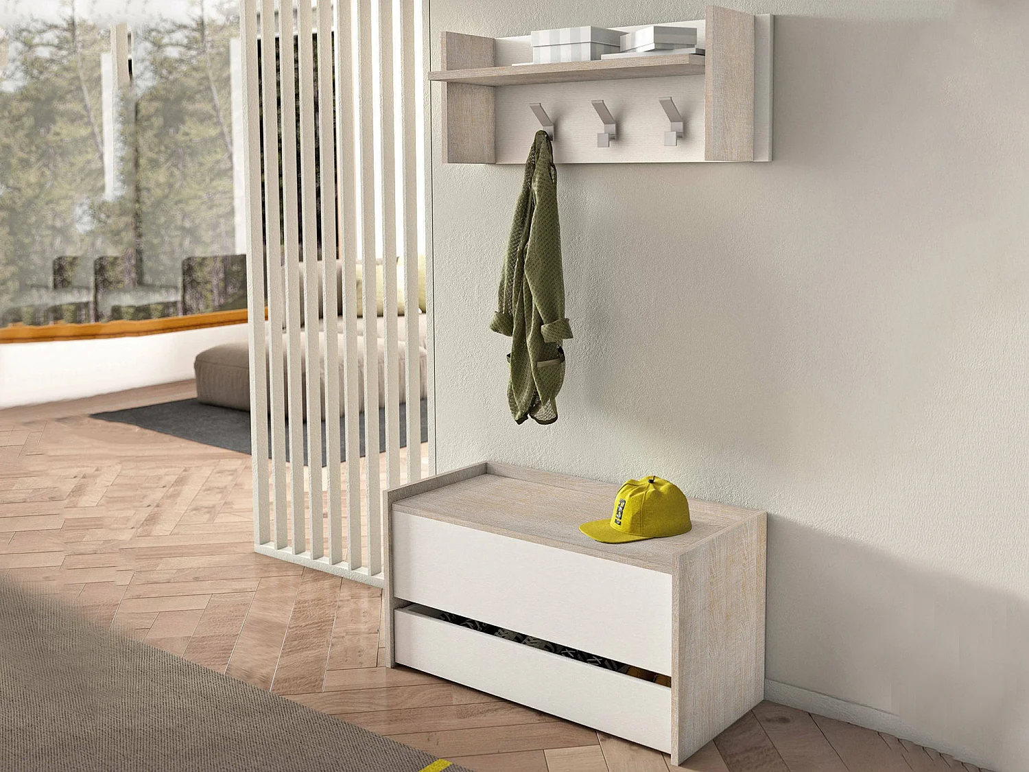 Eingangsmöbel Dap, moderne Eingangshalle mit Kleiderbügel, Möbel mit Schuhregal, Multifunktionsschrank, cm 50x32h182, Eiche und WeiÃŸ