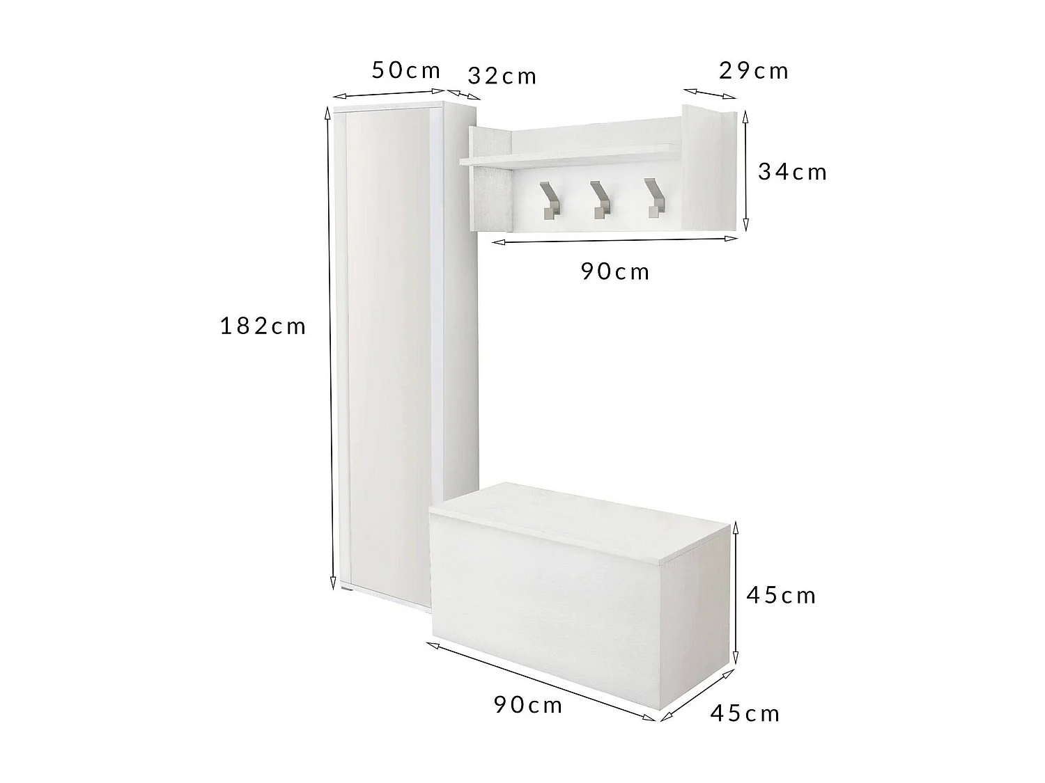 Meuble d'entrée Mirtilla, Entrée moderne avec portemanteau, Armoire avec étagère à chaussures, Armoire avec miroir, Cm 50x32h182, Blanc