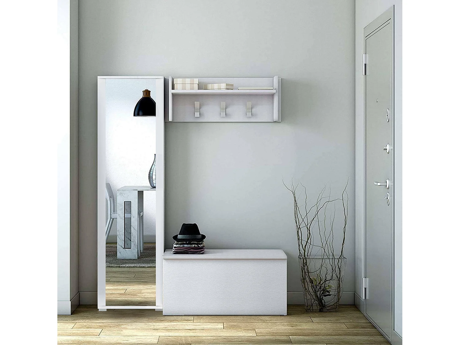 Dmora Hal meubel Mirtilla 45x90x45h cm Wit; Spiegel & Kapstok Inclusief, 8 Schappen Made in Italy
