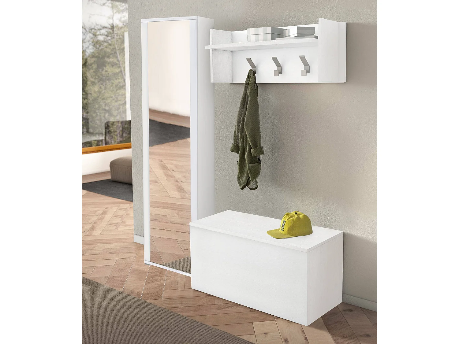 Dmora Hal meubel Mirtilla 45x90x45h cm Wit; Spiegel & Kapstok Inclusief, 8 Schappen Made in Italy