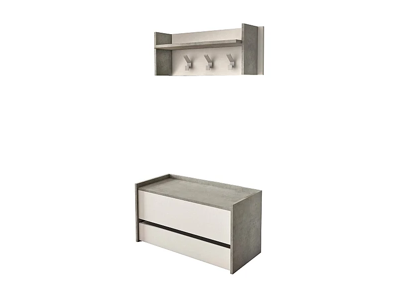 Eingangsmöbel Brionia, Moderner Eingangsbereich mit Kleiderbügel, Möbel mit Schuhregal, Multifunktionsschrank, Cm 50x32h182, Zement und Weiß