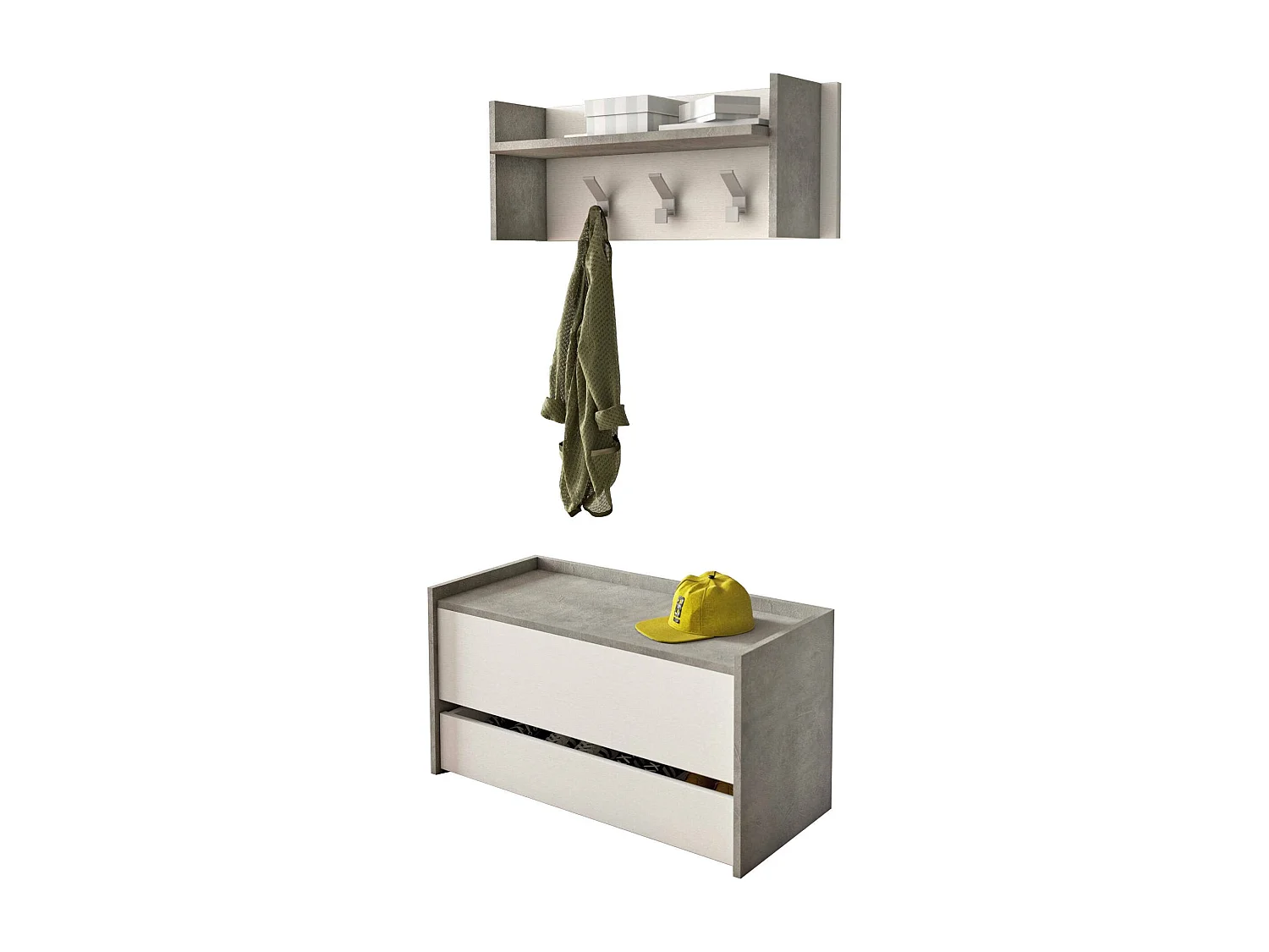 Meuble d'entrée Brionia, Entrée moderne avec portemanteau, Meuble avec étagère à chaussures, Meuble multifonctionnel, 50x32h182 cm, Ciment et Blanc