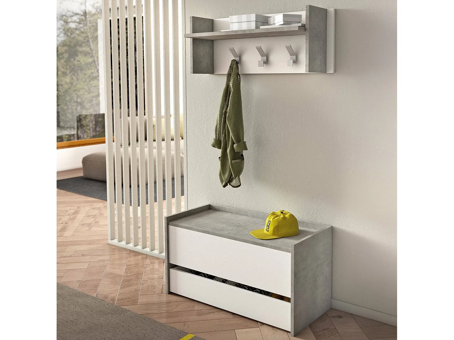 Meuble d'entrée Brionia, Entrée moderne avec portemanteau, Meuble avec étagère à chaussures, Meuble multifonctionnel, 50x32h182 cm, Ciment et Blanc