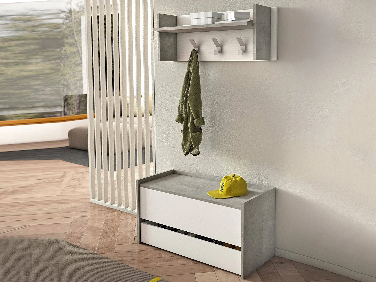 Eingangsmöbel Dap, Moderner Eingangsbereich mit Kleiderbügel, Möbel mit Schuhregal, Multifunktionsschrank, Cm 50x32h182, Zement und WeiÃŸ