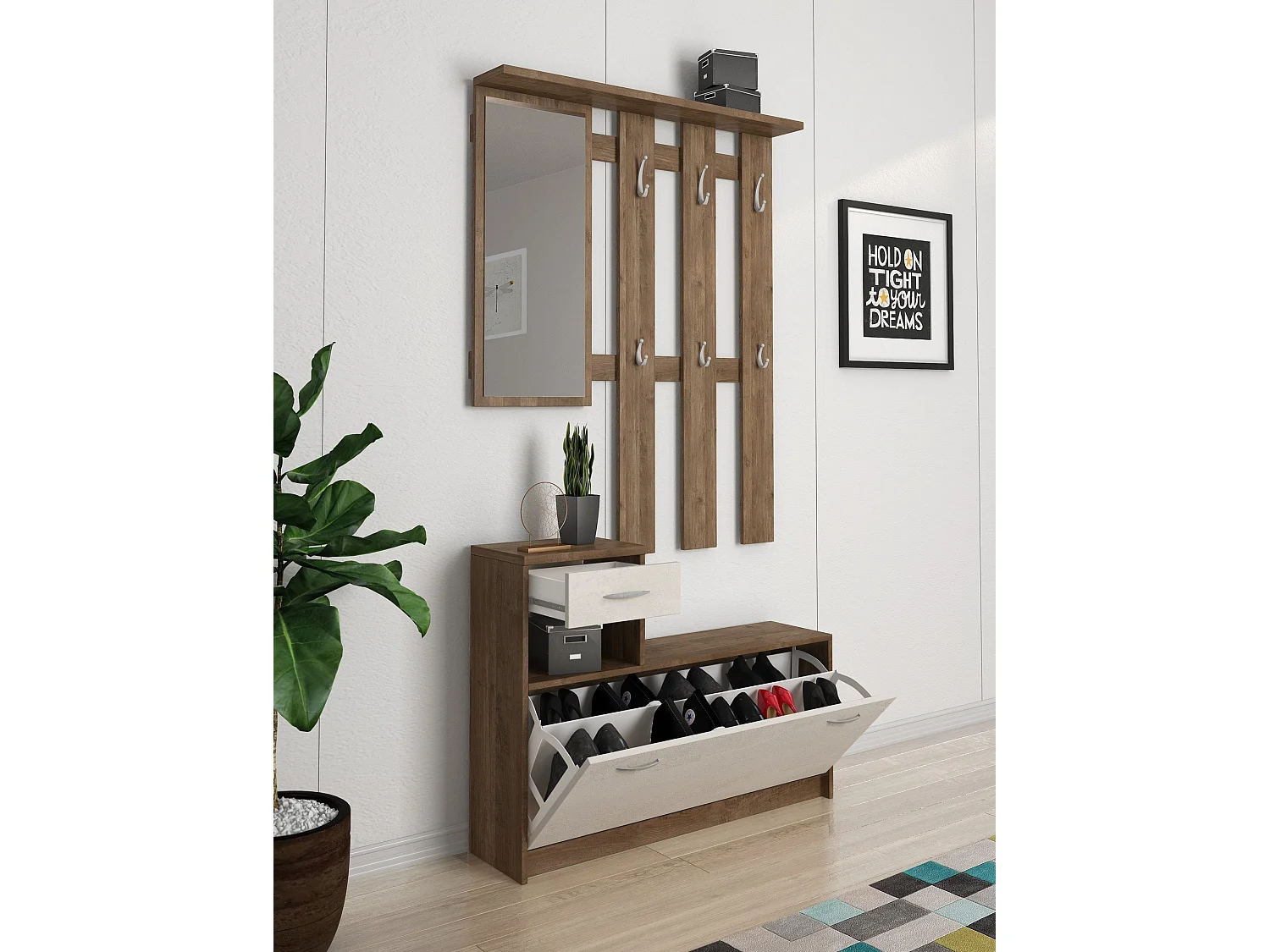 Meuble d'entrée Dbiagin, Entrée moderne, Armoire avec étagère à chaussures, Armoire polyvalente avec miroir et cintre, 100x25h180 cm, Chêne et Blanc