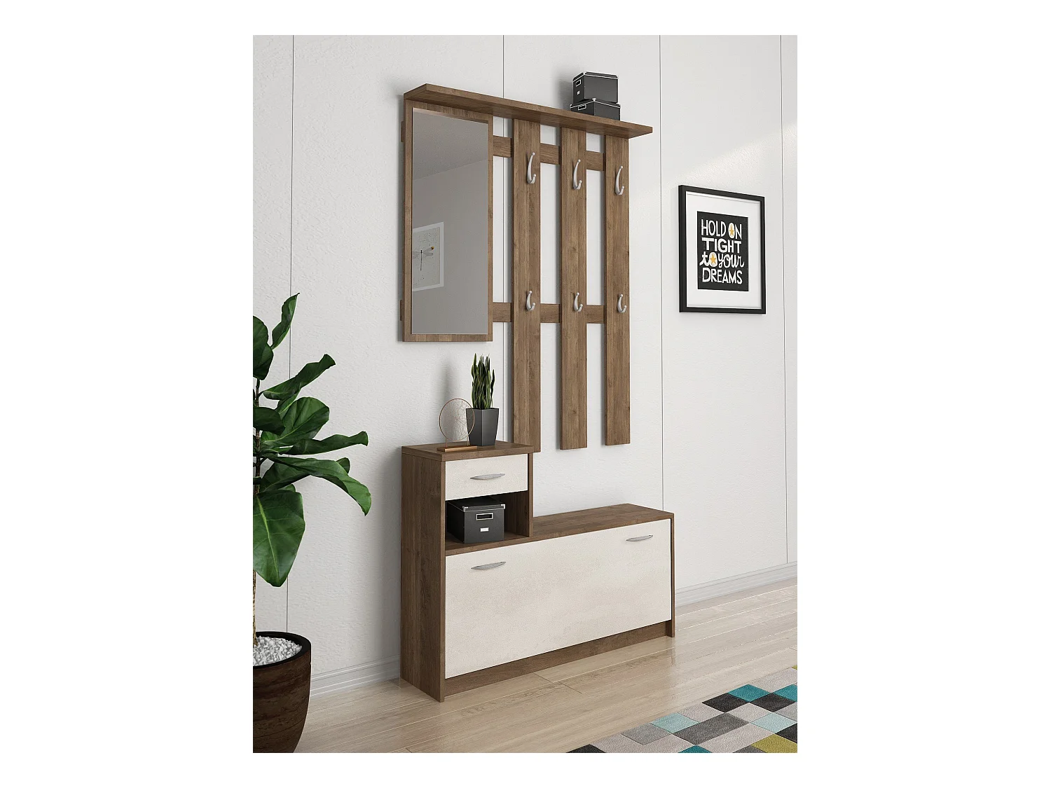 Meuble d'entrée Dbiagin, Entrée moderne, Armoire avec étagère à chaussures, Armoire polyvalente avec miroir et cintre, 100x25h180 cm, Chêne et Blanc