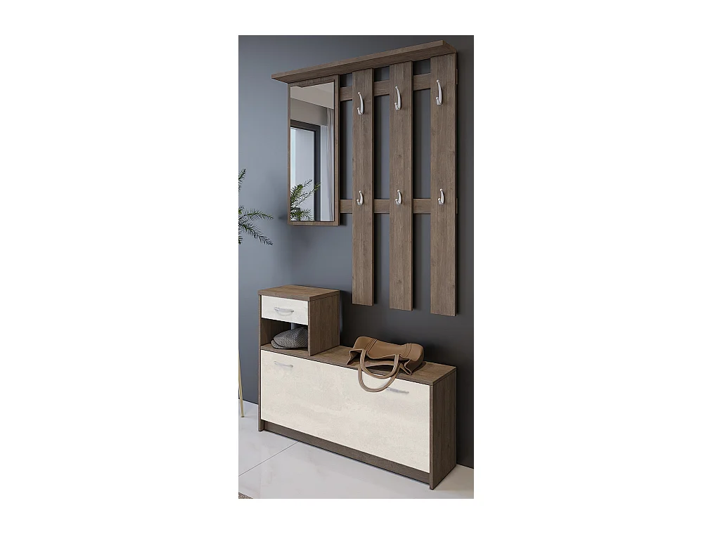 Meuble d'entrée Dbiagin, Entrée moderne, Armoire avec étagère à chaussures, Armoire polyvalente avec miroir et cintre, 100x25h180 cm, Chêne et Blanc