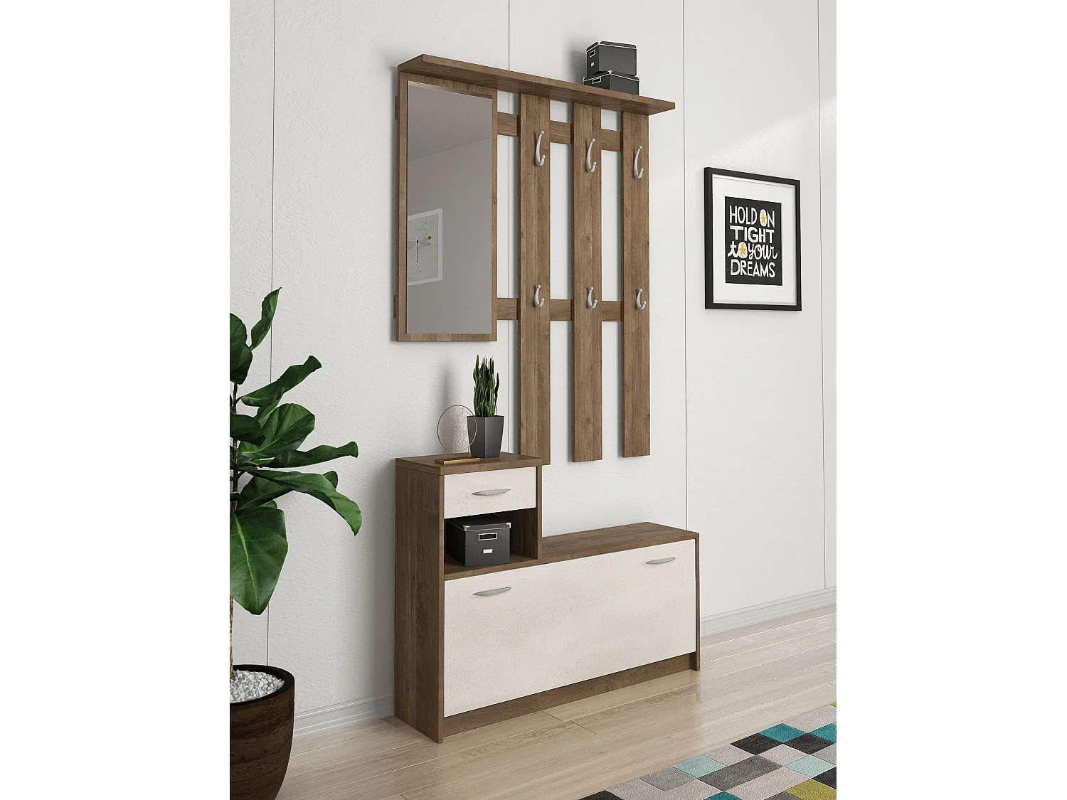 Meuble d'entrée Dbiagin, Entrée moderne, Armoire avec étagère à chaussures, Armoire polyvalente avec miroir et cintre, 100x25h180 cm, Chêne et Blanc