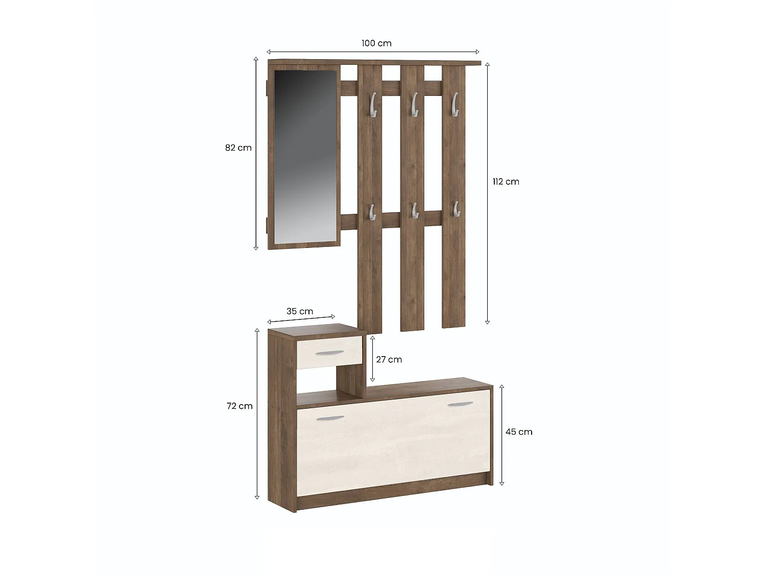 Meuble d'entrée Dbiagin, Entrée moderne, Armoire avec étagère à chaussures, Armoire polyvalente avec miroir et cintre, 100x25h180 cm, Chêne et Blanc