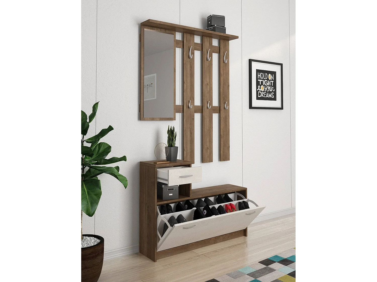 Meuble d'entrée Dbiagin, Entrée moderne, Armoire avec étagère à chaussures, Armoire polyvalente avec miroir et cintre, 100x25h180 cm, Chêne et Blanc