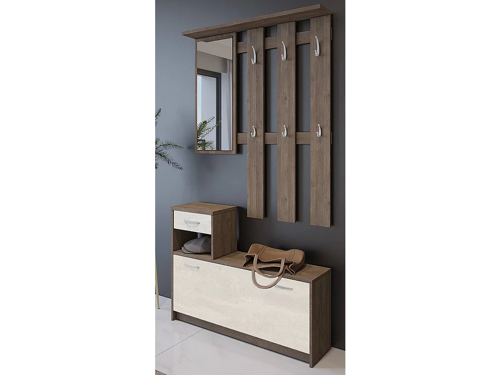 Meuble d'entrée Dbiagin, Entrée moderne, Armoire avec étagère à chaussures, Armoire polyvalente avec miroir et cintre, 100x25h180 cm, Chêne et Blanc