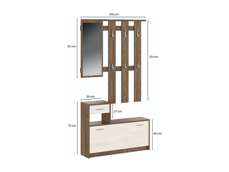 Meuble d'entrée Dbiagin, Entrée moderne, Armoire avec étagère à chaussures, Armoire polyvalente avec miroir et cintre, 100x25h180 cm, Chêne et Blanc