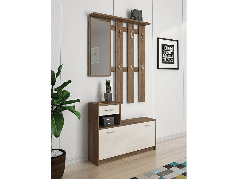 Meuble d'entrée Dbiagin, Entrée moderne, Armoire avec étagère à chaussures, Armoire polyvalente avec miroir et cintre, 100x25h180 cm, Chêne et Blanc