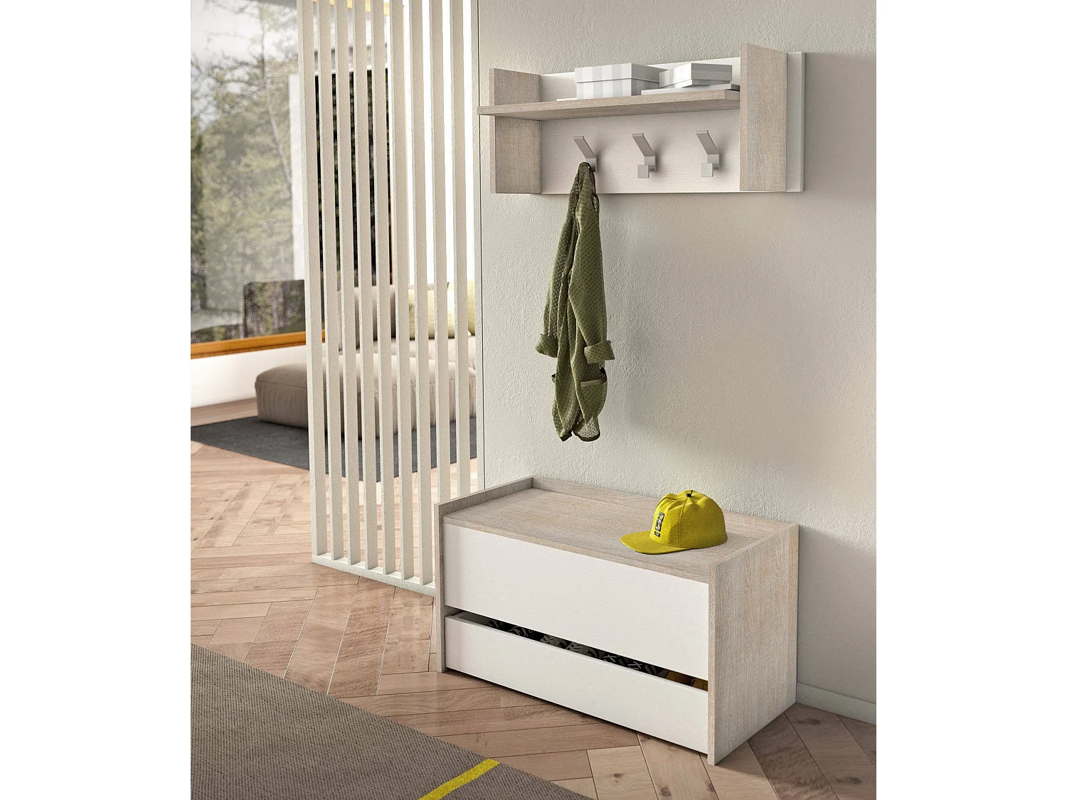 Meuble d'entrée Brionia, Entrée moderne avec portemanteau, Meuble avec étagère à chaussures, Meuble multifonctionnel, 50x32h182 cm, Chêne et Blanc