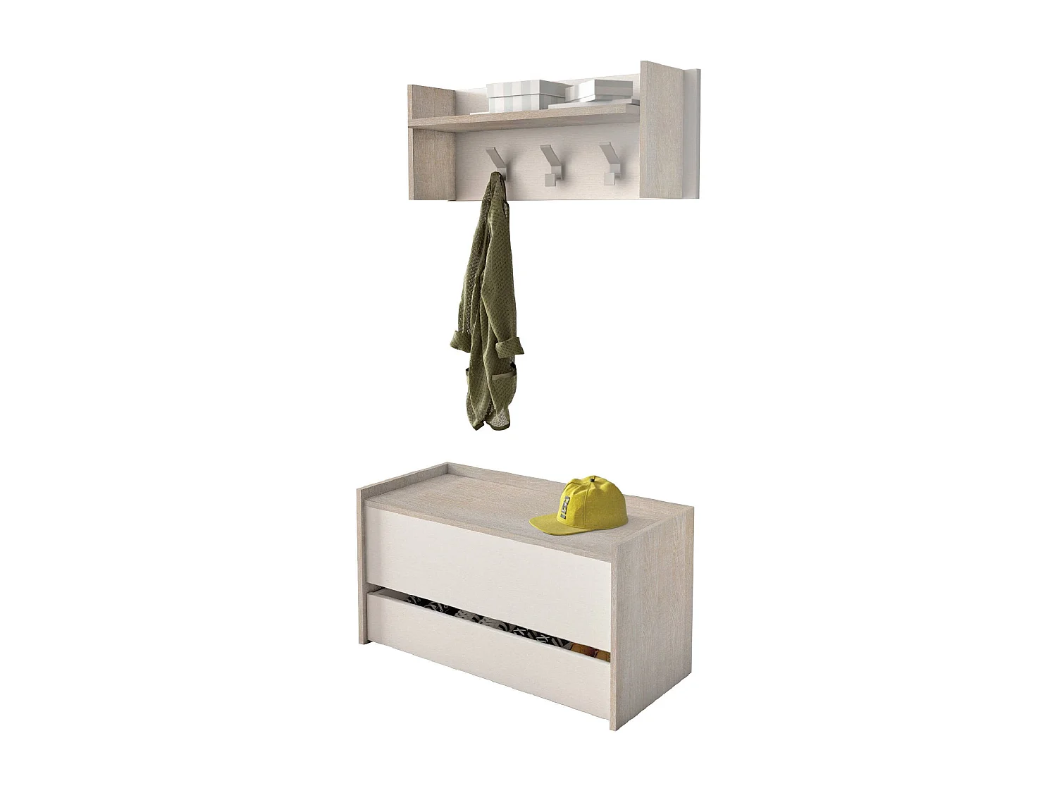 Meuble d'entrée Brionia, Entrée moderne avec portemanteau, Meuble avec étagère à chaussures, Meuble multifonctionnel, 50x32h182 cm, Chêne et Blanc