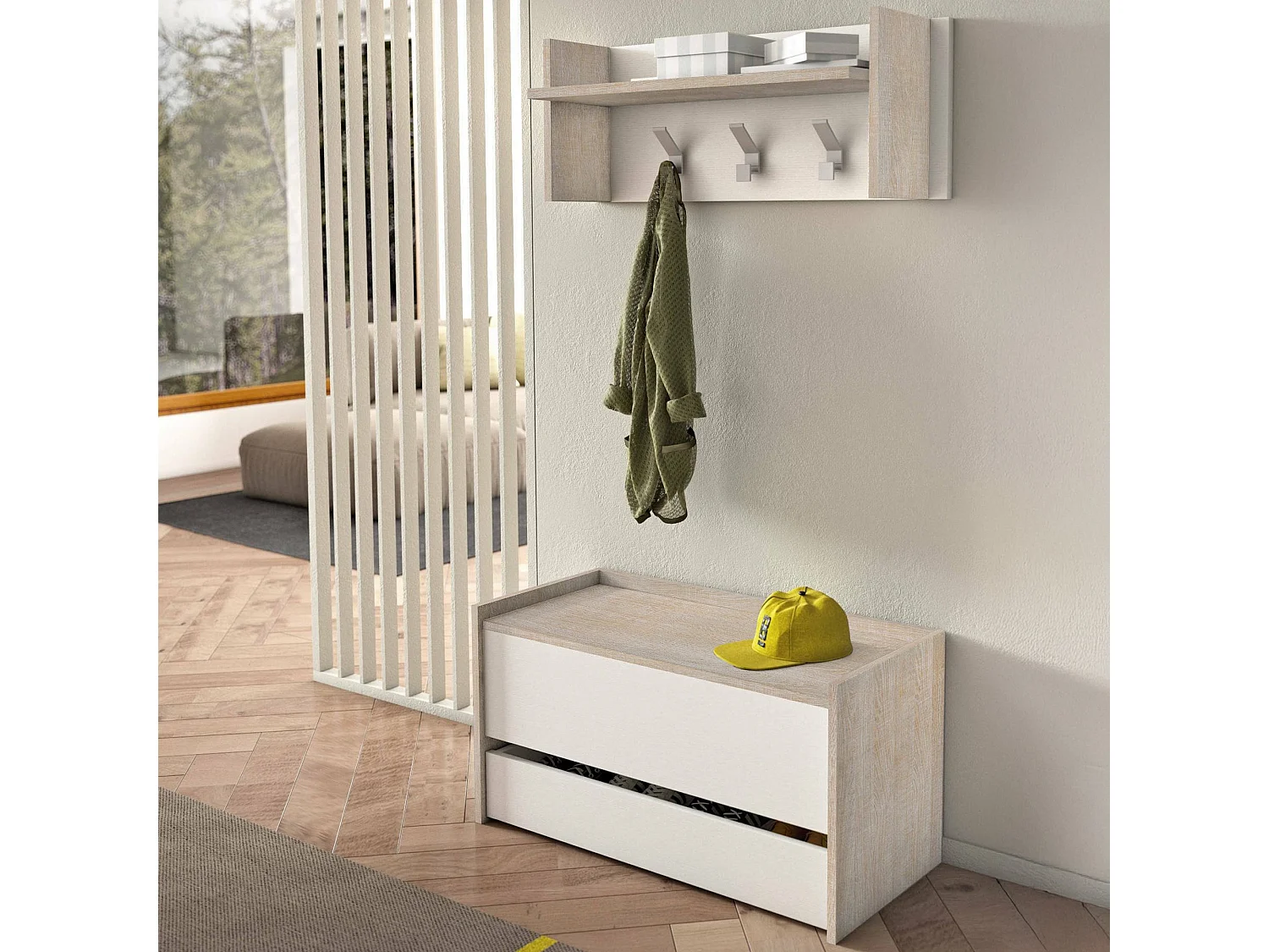 Meuble d'entrée Brionia, Entrée moderne avec portemanteau, Meuble avec étagère à chaussures, Meuble multifonctionnel, 50x32h182 cm, Chêne et Blanc