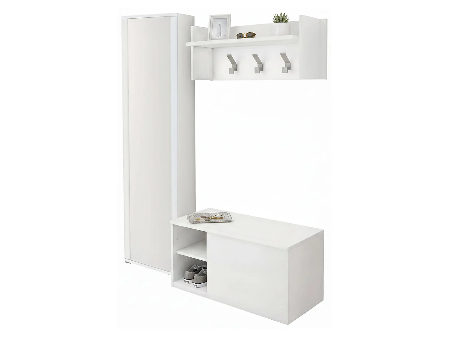 Mueble de entrada Djohnse, Entrada moderna con perchero, Mueble con zapatero, Armario con espejo, Cm 50x32h182, Blanco