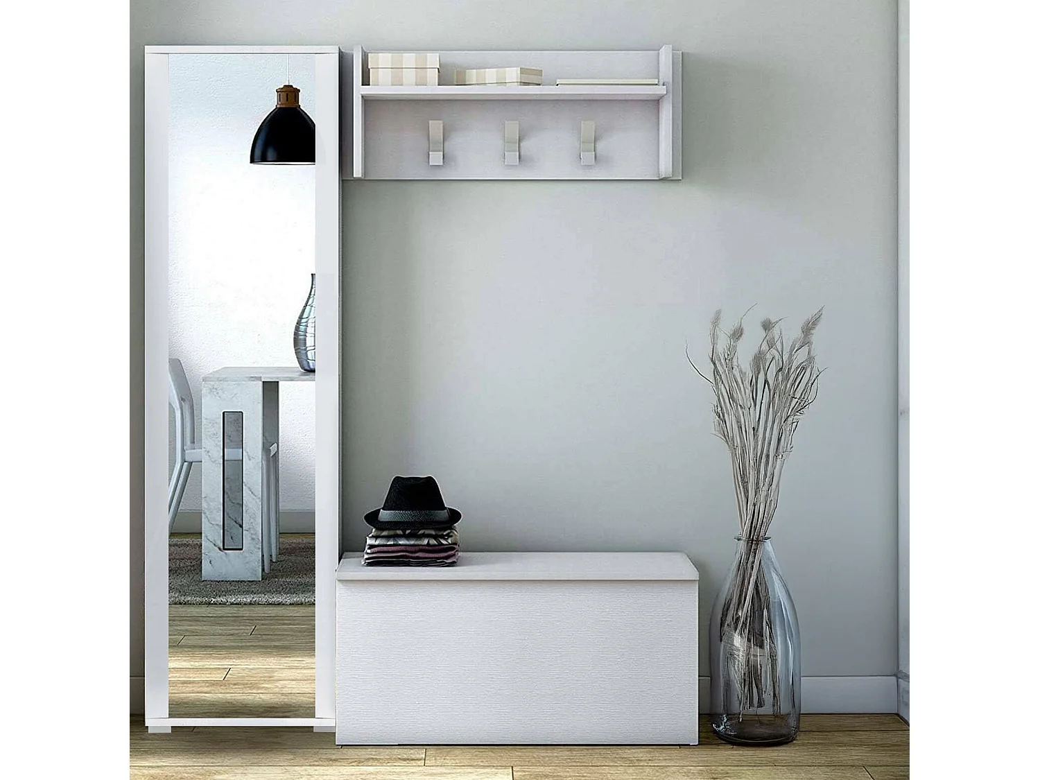 Mueble de entrada Djohnse, Entrada moderna con perchero, Mueble con zapatero, Armario con espejo, Cm 50x32h182, Blanco