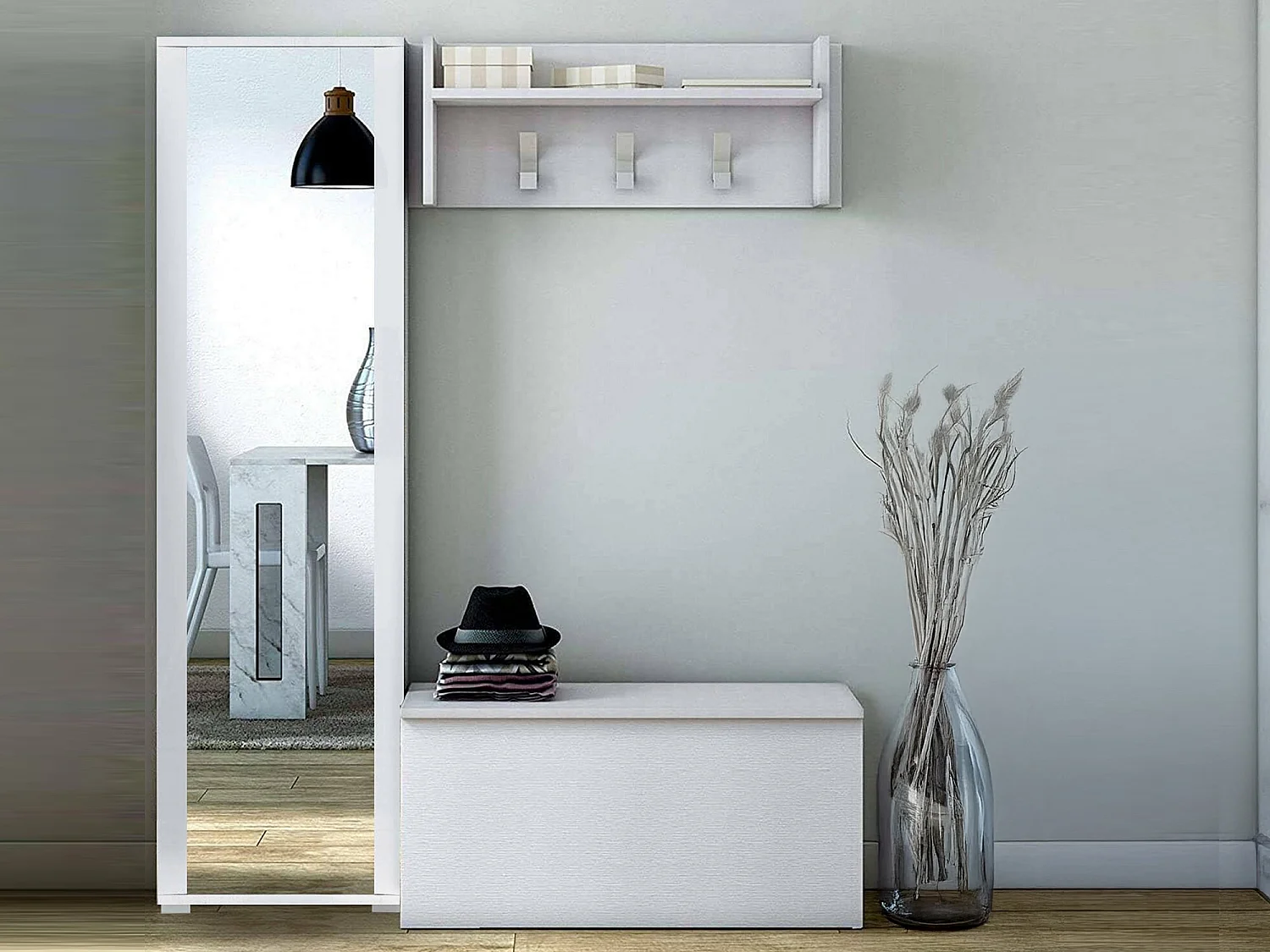 Mueble de entrada Djohnse, Entrada moderna con perchero, Mueble con zapatero, Armario con espejo, Cm 50x32h182, Blanco